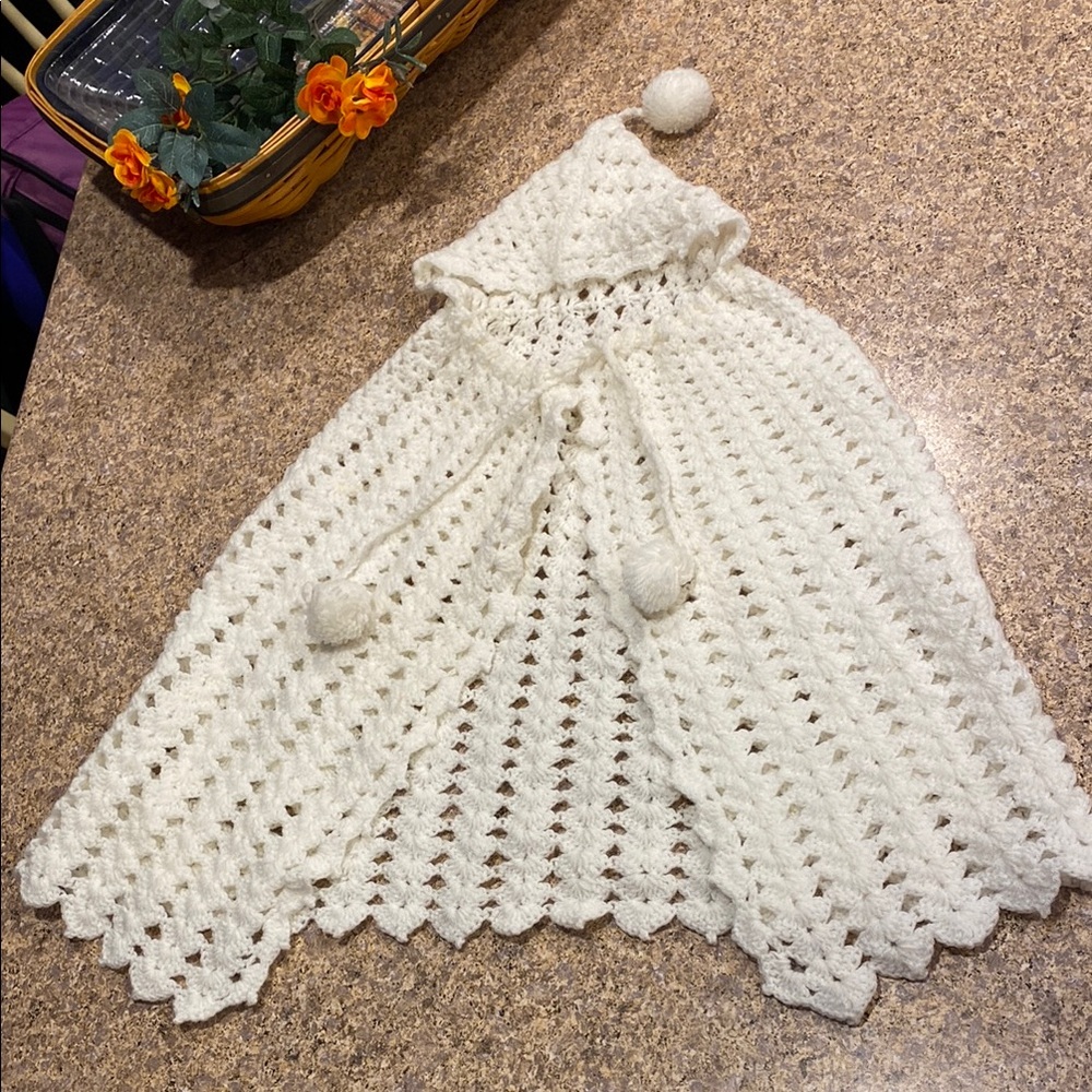Handmade Knit Sweater Like Hooded Cape Pom Poms Unknown Size Baby?/Young Kids?